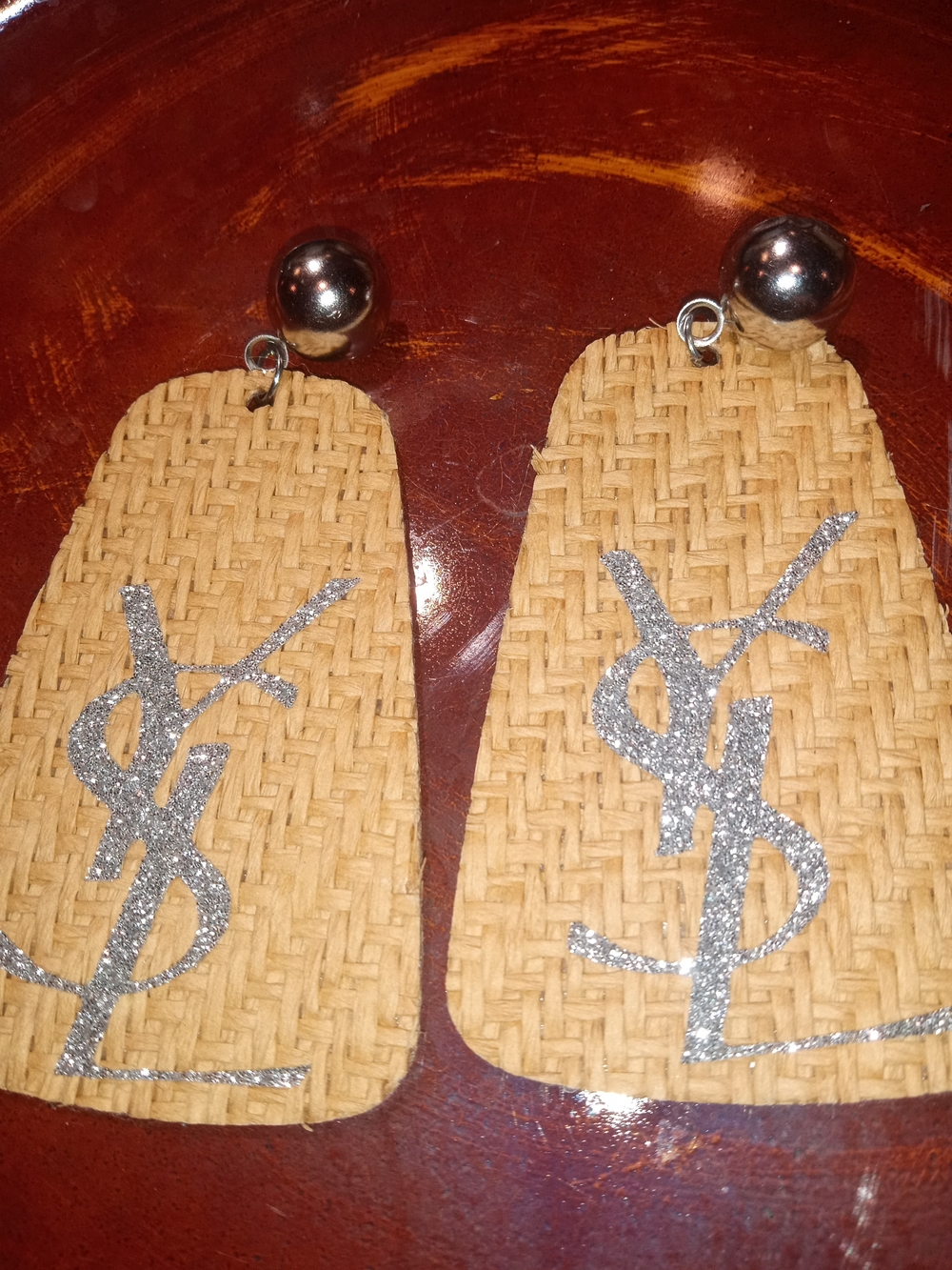 Woven Tan Dangle Earrings with Silver Accents